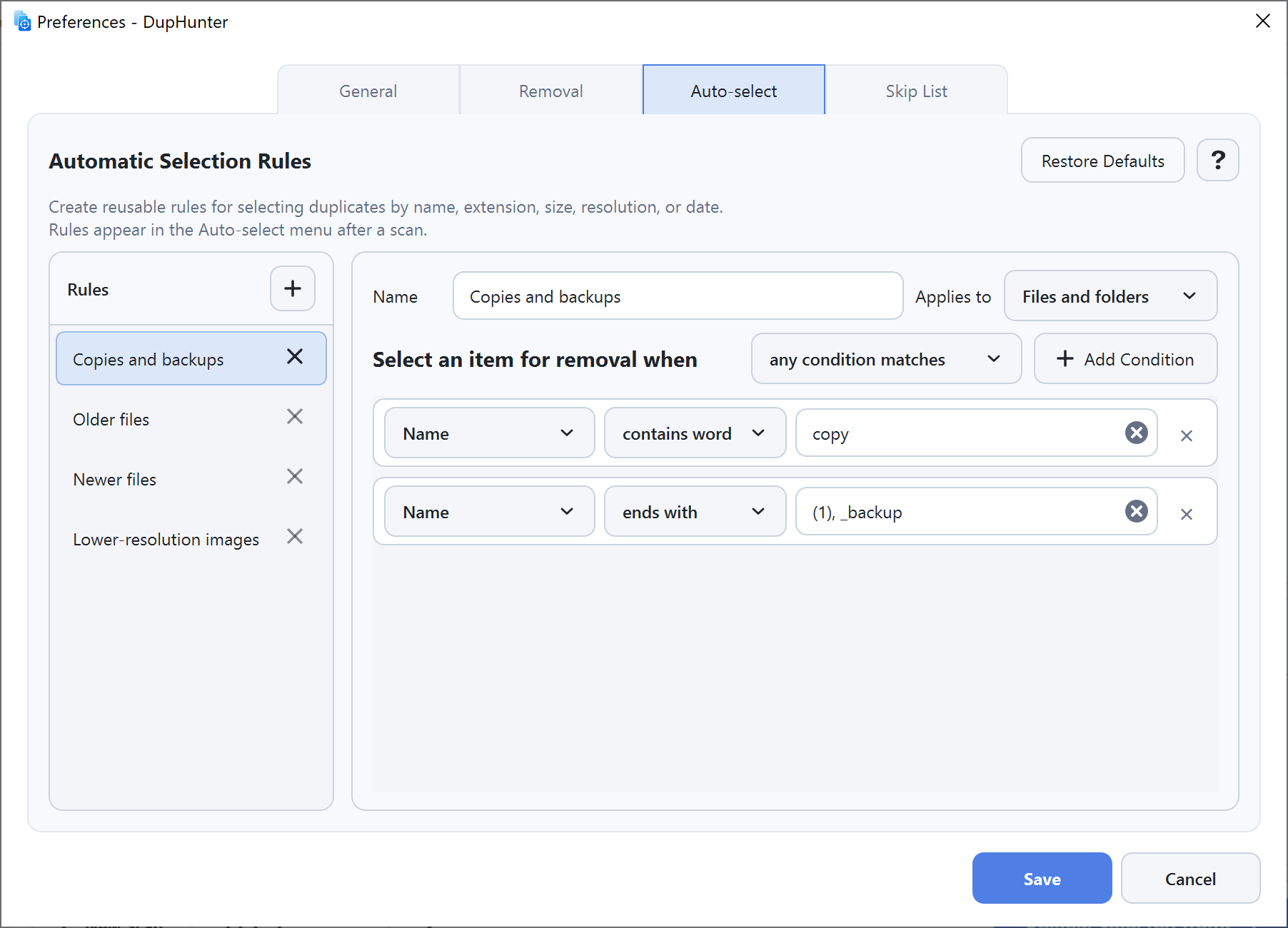 Automatic selection rule editor in DupHunter